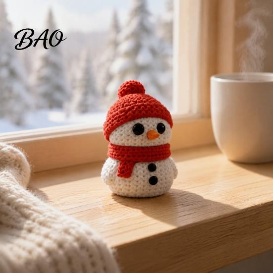 Christmas Snowman Ornament 3D Printed Knitted Figurine, Statue with Red Knit Festive Decor Hat and Scarf, Mini Sculpture for Holiday Desk Decoration