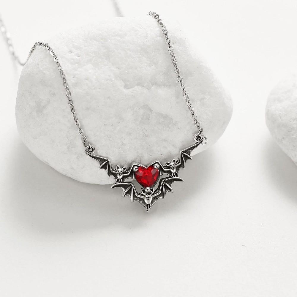 Zinc Zinc Alloy Bat Wings Pendant Necklace Red Rhinestone Halloween Heart Choker Gothic Clavicle Chain  Girls