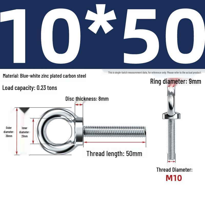Marine Grade Zinc-Plated Hardened Carbon Steel Lifting Eye Bolt with Nut, Round Ring, Extended Thread, M6 M8 M20