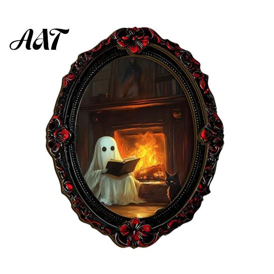 Dark Aesthetic Metal Cabinet Magnets Halloween Wooden Refrigerator Magnets, Vintage Gothic Oval Frame Fridge with Witch Indoor Theme Decorations Ghost