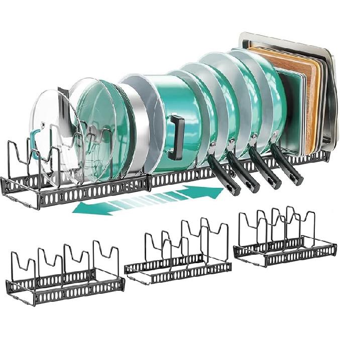 Набор из 3-х органайзеров для кастрюль и сковородок под шкаф 2 яруса 14 отделений 3 способа DIY расширяемый легкая установка держатель-органайзер для крышек кастрюль и сковородок чёрный 7990₽