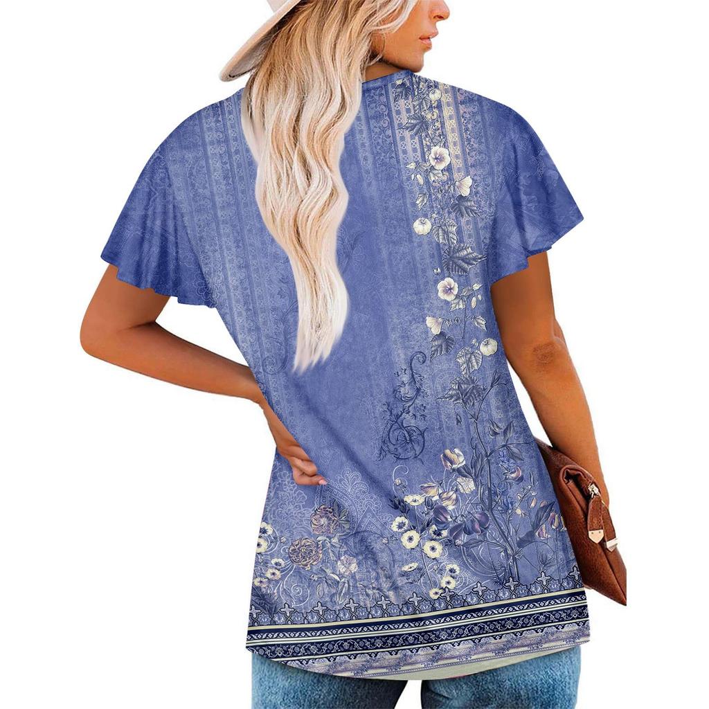 Women's Tunic Tops Elegant Casual Summer Short Sleeve Shirts Floral Loose Pleated Bohemian Tops