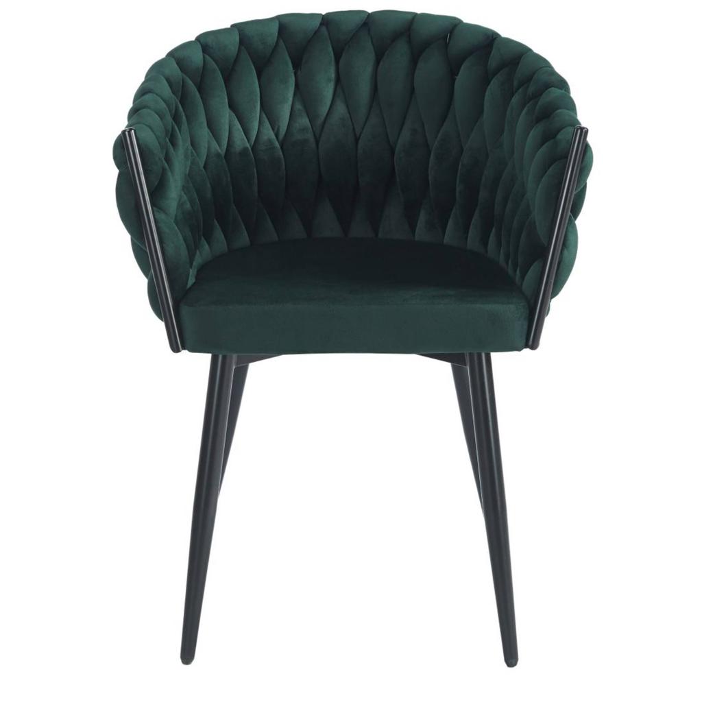 Dark green velvet chair with interwoven backrest and black legs Furnitex