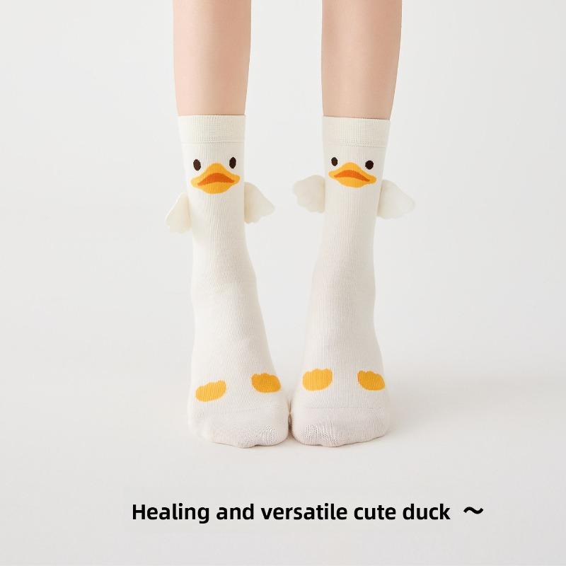 Cute Cartoon Yellow Duck Girls' Mid-length Summer/autumn Sports Odor-proof Sweat-absorbing Anime-style Yellow Long Stockings