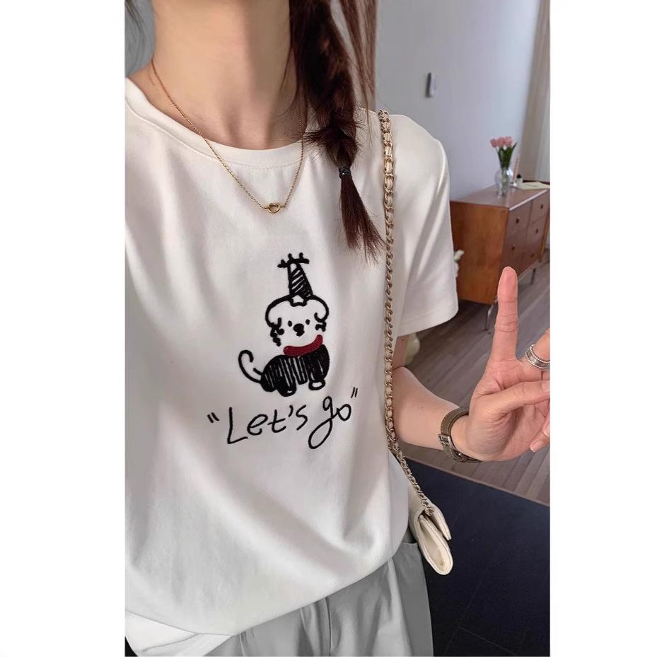 

2025 Summer Women s Korean Style Red Scarf Puppy Embroidery Short Sleeve Tee XL белый