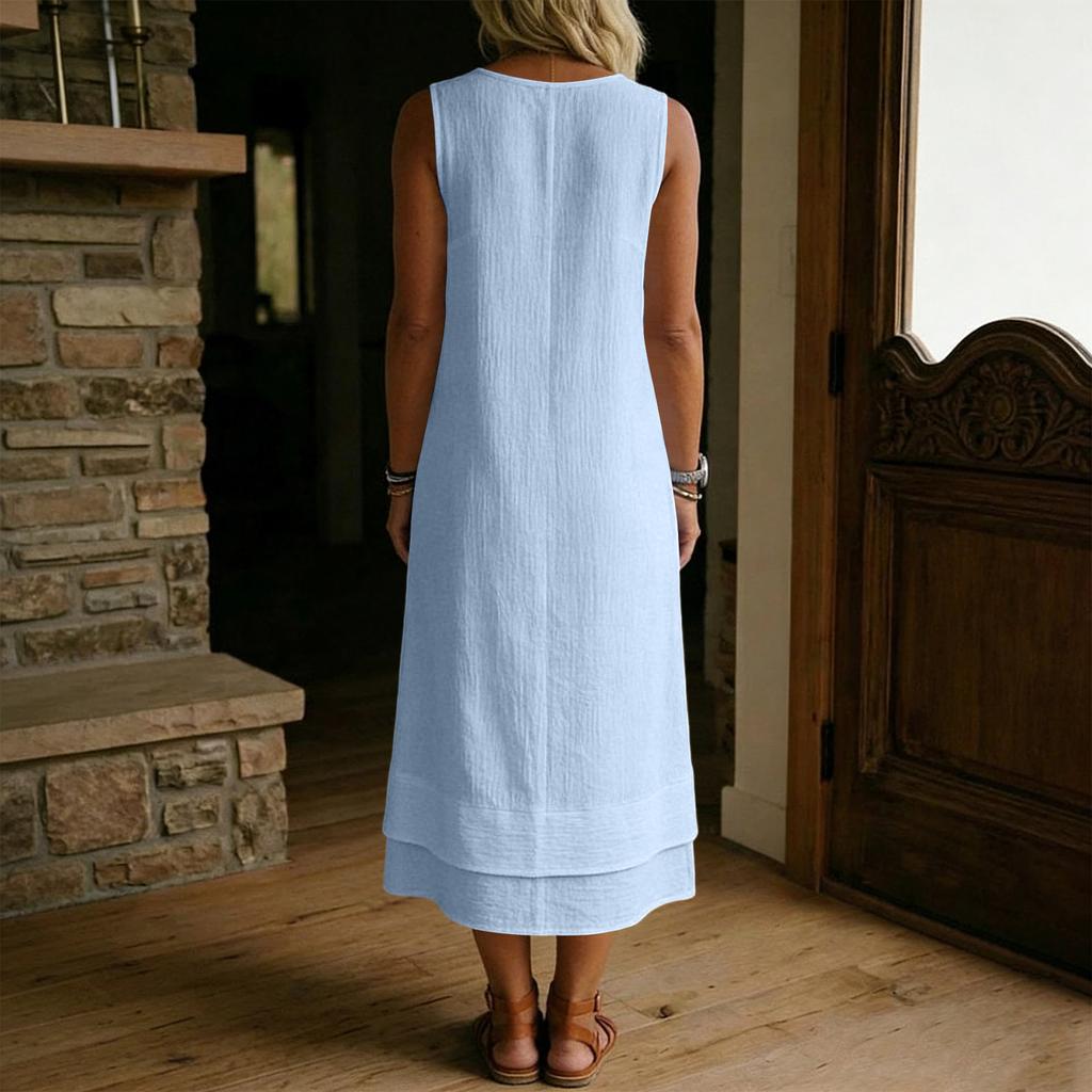 Ladies' Fashionable Casual Cotton And Linen Round Neck Sleeveless Dress