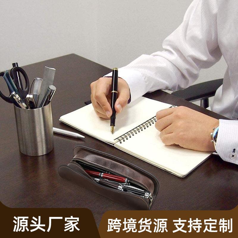 Brown Thick Cowhide Pencil Case Handmade Large Capacity Student Office Zipper Creative Pen Storage Box