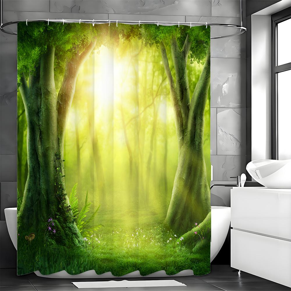 Tree Deep Forest Greenery Cure Green Sunshine Shower Curtain, Bathroom Decorative Shower Curtain, Waterproof Shower Curtain with