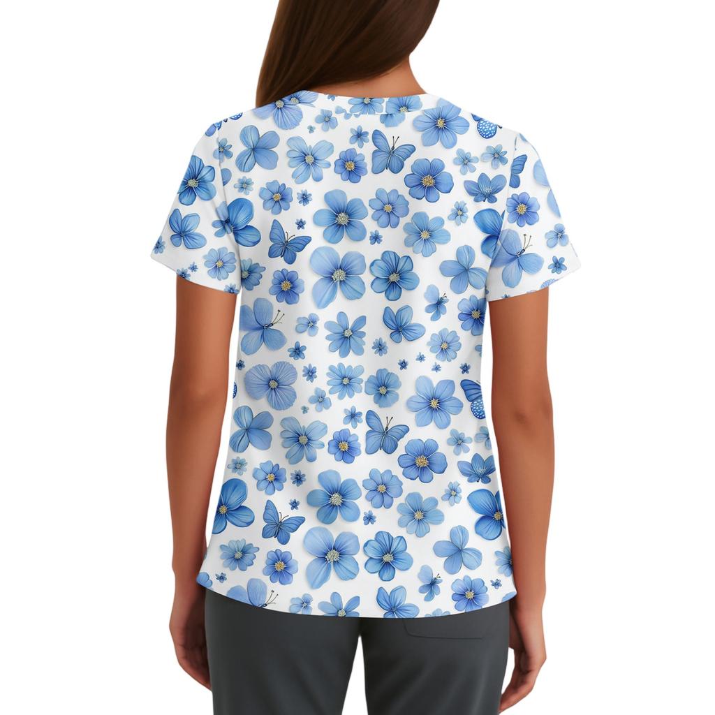 Women's Fashionable V-neck Workwear Printed Short Sleeved Pocket Side Slit Workwear Basic Pullover Top