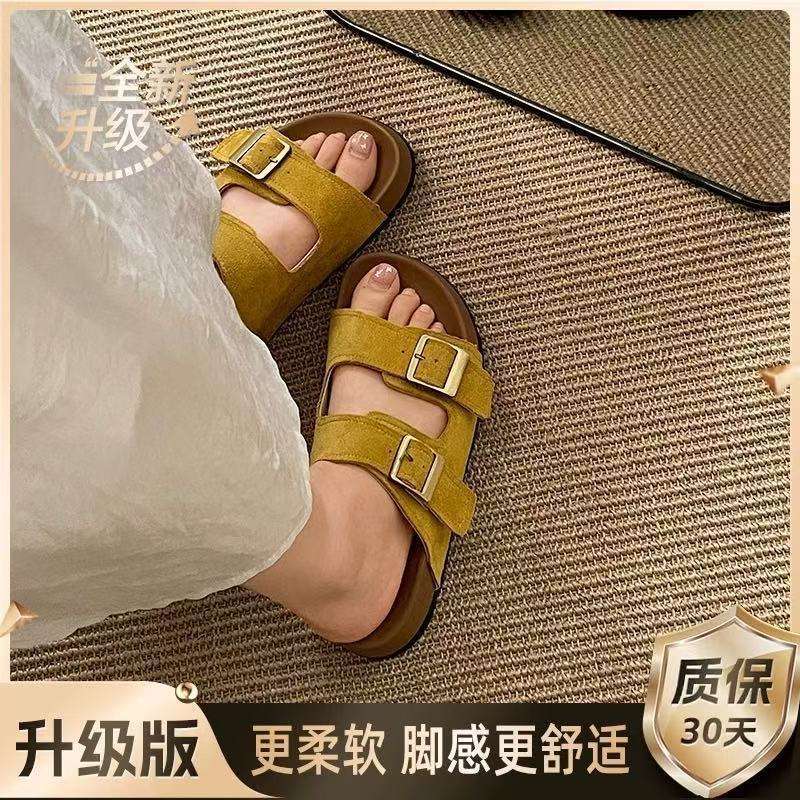 Retro thick-soled heightening one-word slippers women's summer 2025 new wear simple non-slip soft-soled Birkencool slippers