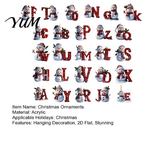 Festive Home Decor Supplies 26 Letter Christmas Ornaments, 2D Flat Snowman Hanging Decoration, Acrylic A-Z Clear Pattern Tree Alphabet Letters Pendant