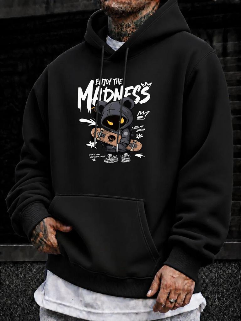Men'S Hoodie, Halloween, Enjoy The Madness Cartoon Bear Skateboard Graphic, Pullover Sweatshirt, Streetwear Urban Style, Autumn Winter Casual Wear, Fr