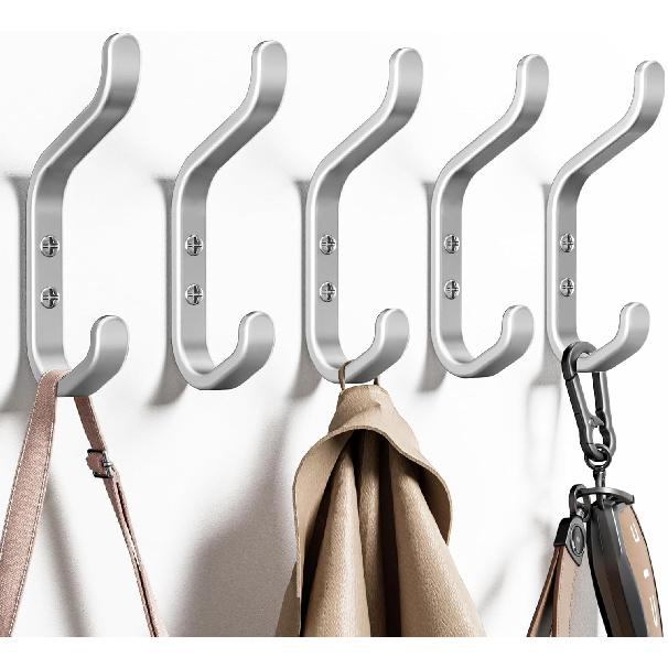 Wall Hook for Hanging Coats - Stainless Coat Hook 5 Pack Wall Mount for Backpack, Bag, Keys and Towel, Double Hook In Closet, Entryway, Door,