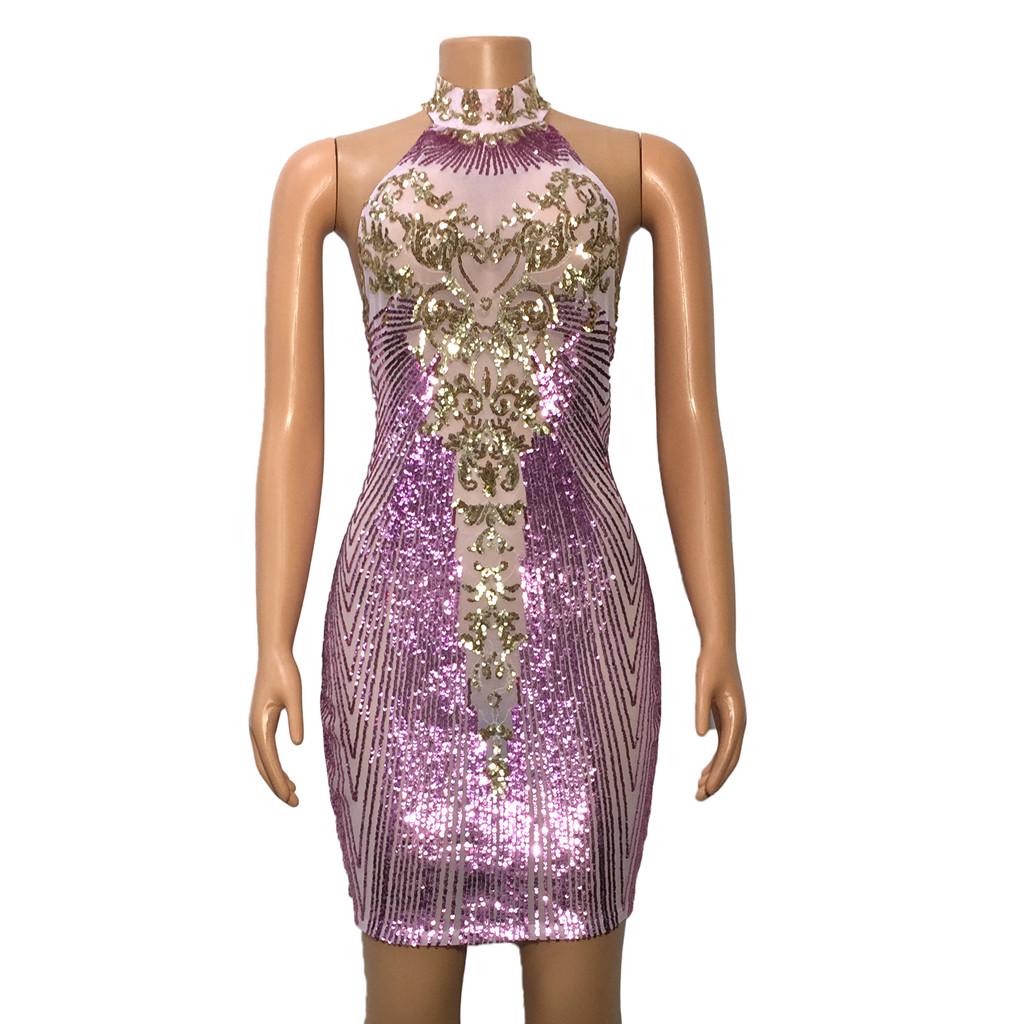 Fashion Women's Sequins See-through Backless Evening Dress