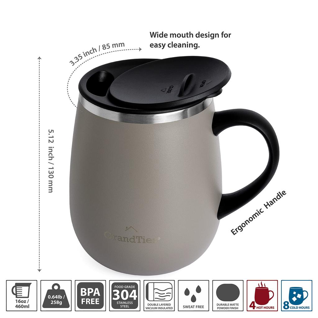 GRANDTIES Premium Vacuum Insulated 19 Easy Sliding Stainless Double Wall Vacuum Insulated Popular In the Office Mug, Colors, 460ml, Open/Close Lid,