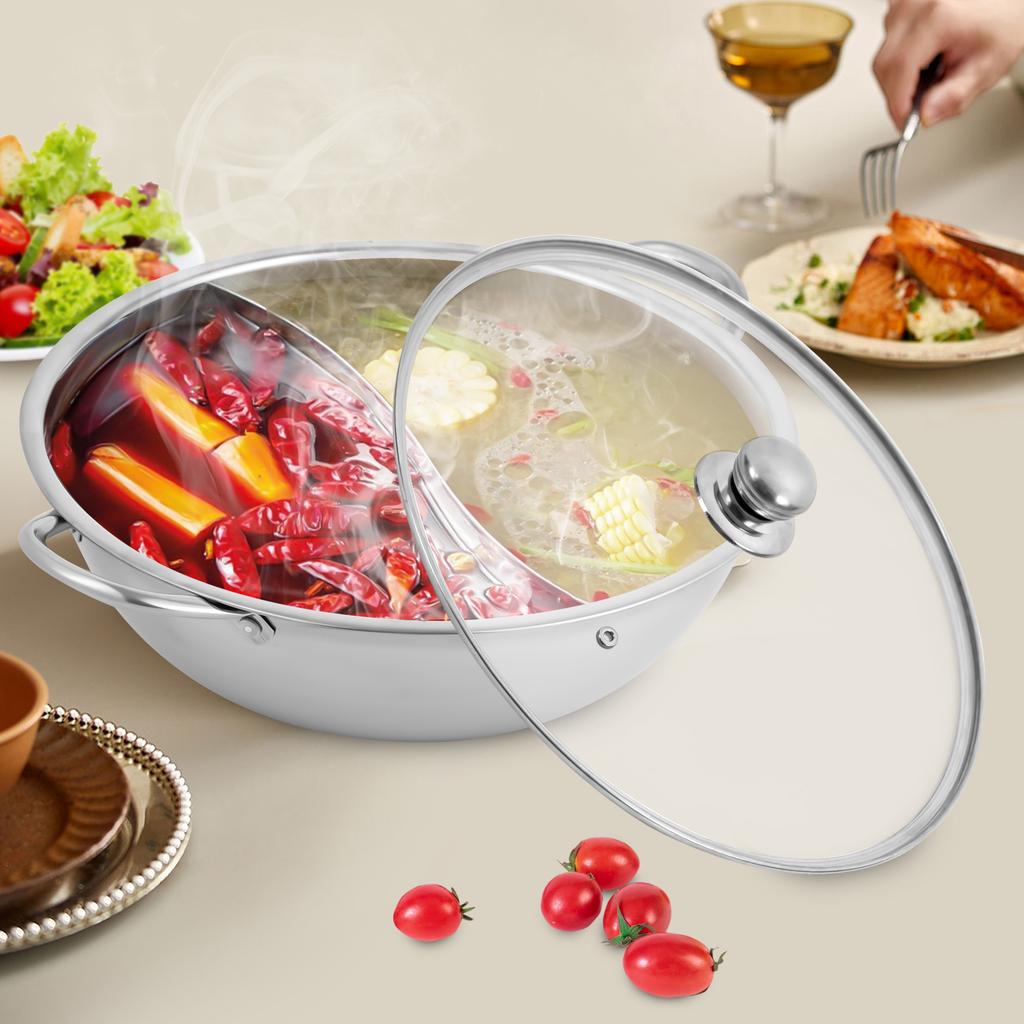 2-in-1 Stainless Steel Hot Pot with Divider & Glass Lid, 28cm Multipurpose Shabu Shabu Pot, Kitchen Cooking Pot for Ramen, Soup