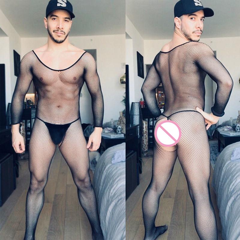 Crotchless Bodystocking Black Man Gay Transparent Net Clothes Sexy Lingerie Bodysuit One Piece Stockings Erotic Sissy Costumes
