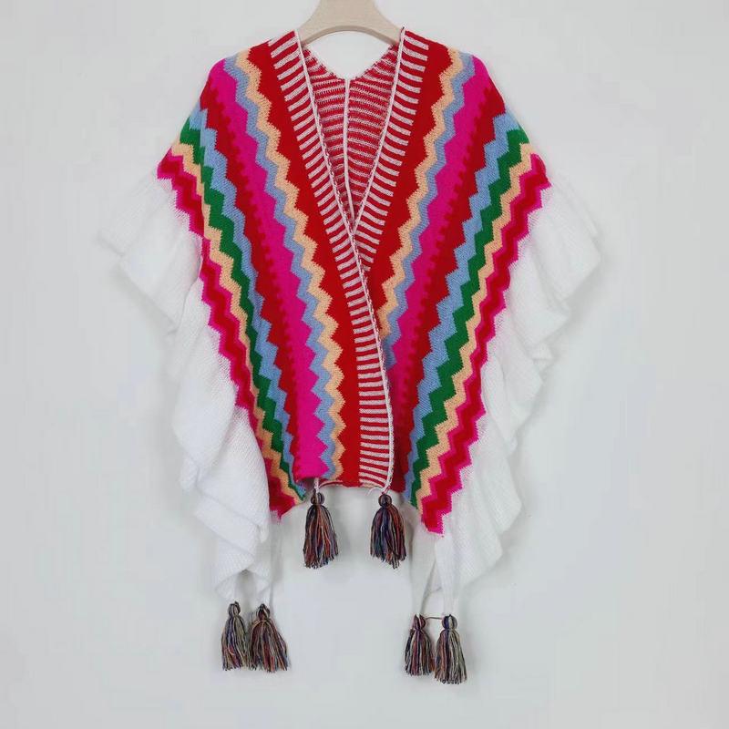 Bohemian Shawl: Autumn/Winter Striped Ruffle Cape - Qinghai-Tibet Line Travel Wear