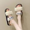 Furry Slippers Women New Fashion Crystal Flat Slippers Summer Non Slip Shoes Comfortable Outdoor Slides Women Zapatos De Mujer