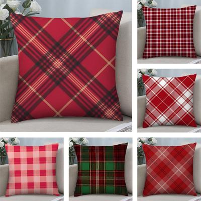 Red Plaid Cushion Cover Soft Plush Fabric Double-Sided Printed Sofa Cushion Cover for All Seasons Home Decor Gift