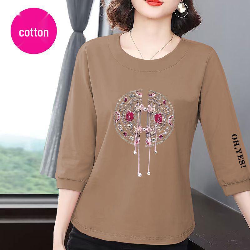 Women's 2025 Summer Korean Style Cotton Seven-Sleeve Tee - Slimming, Loose, Belly-Covering, Versatile Casual Top