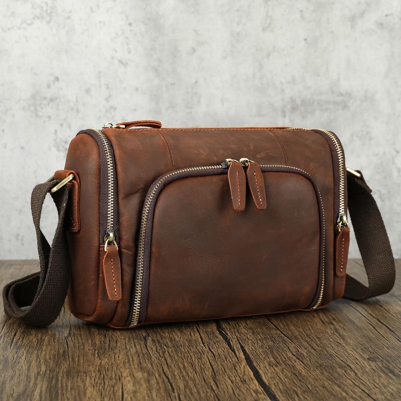 New horizontal cylindrical men's bag large capacity fashionable retro shoulder oblique span bag genuine leather men's bag