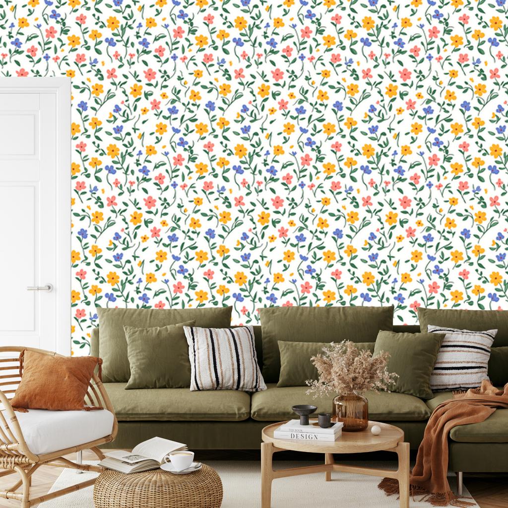 Cottagecore Flowers Wallpaper White and Light Gray 50x1000