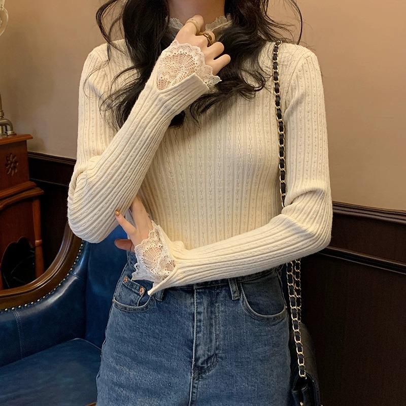 Spring Autumn Semi-turtleneck New Lace Pullover Long Sleeved Sweater Fashion Long Sleeve Women Knitted Bottoming Shirt Elegant Simple Slim Fit Top