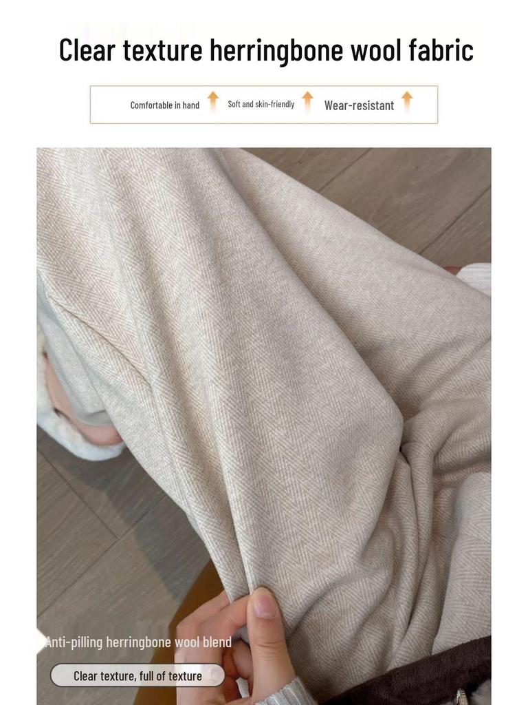2025 Autumn/Winter Women's High-Waist Herringbone Woolen Pants - Slimming and Versatile with Plus Velvet, Available in Narrow and Wide Leg Fits.