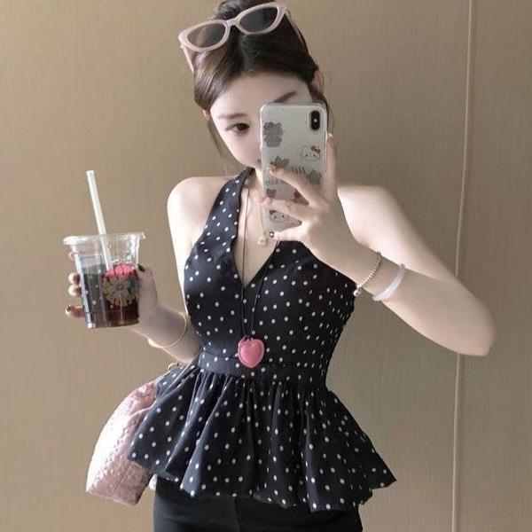 Pure desire Spice Girl design polka dot V-neck neck vest women's summer puffy bud backless sleeveless sexy top