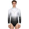 Mens Figure Skating Bodysuit Gradient Color Rhinestones Mock Neck Long Back Zipper One Piece Leotard