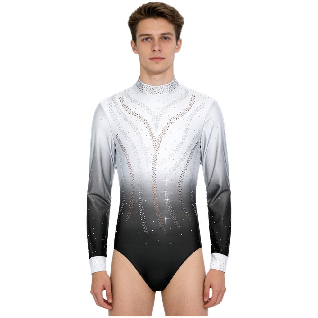 Mens Figure Skating Bodysuit Gradient Color Rhinestones Mock Neck Long Back Zipper One Piece Leotard