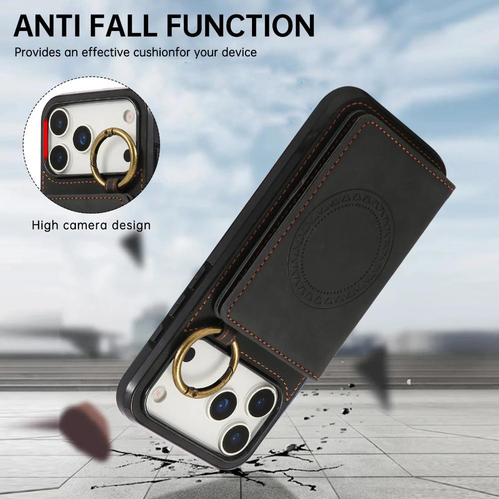 

Magnetic Plain Leather Phone Case for iPhone 17 Pro Max Air 16E 16 Plus 15 Pro 14 13 Mini 12 11 Ring Card Holder Wallet Cover iPhone17 чёрный