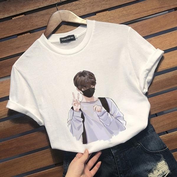 

Kpop Bts милый узор с принтом и круглым вырезом с коротким рукавом Jungkook, модные топы Bts, футболки унисекс для фанатов