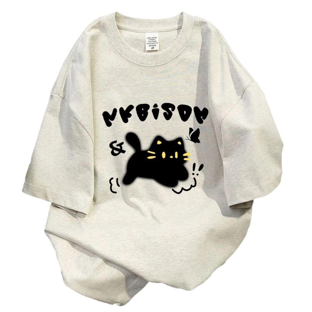 100% Cotton Cat Print Summer Women's Loose Casual Slimming Short Sleeve Crew Neck T-shirt
