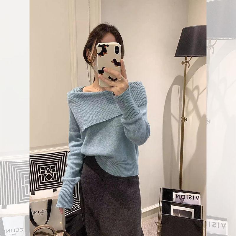 2024 Autumn/Winter French Knitwear: Women's Korean Fashion One-Shoulder Clavicle Lapel Base Shirt