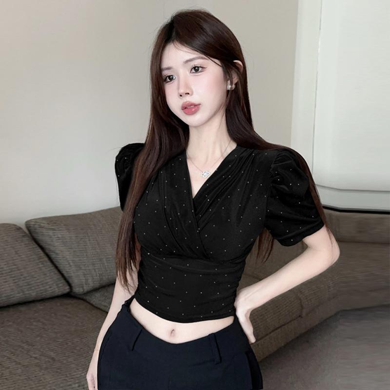 Women's Korean V-Neck Sparkling Cross Waist Chic Top