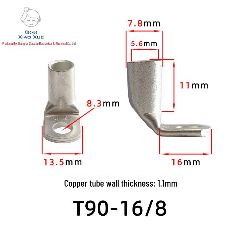 T90 Copper Tube Terminal, 90-Degree Right-Angle Bend Crimp Lug, T90-6/5 to T90-240/16 Copper Wire Lug