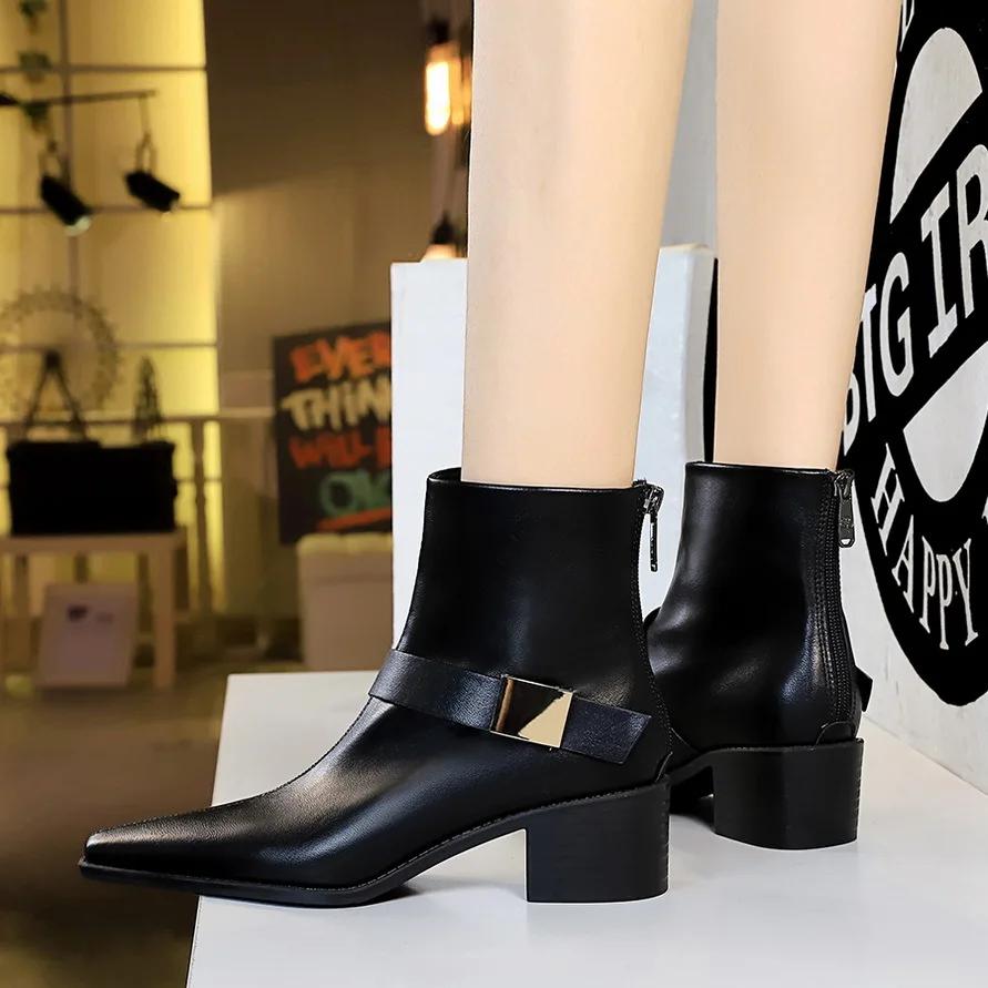 Bigtree Spring Pointed Toe Square High Heels Women Ankle Boots Design Style Fold Belt Buckle Short Booties Shoes Platform Boots
