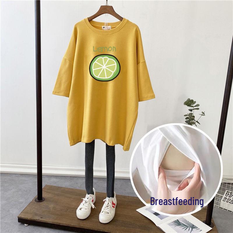 Korean Style Summer 2022 Loose Fit Nursing T-shirt for Pregnant Women - Short Sleeve, Mid-length, Plus Size, Trendy