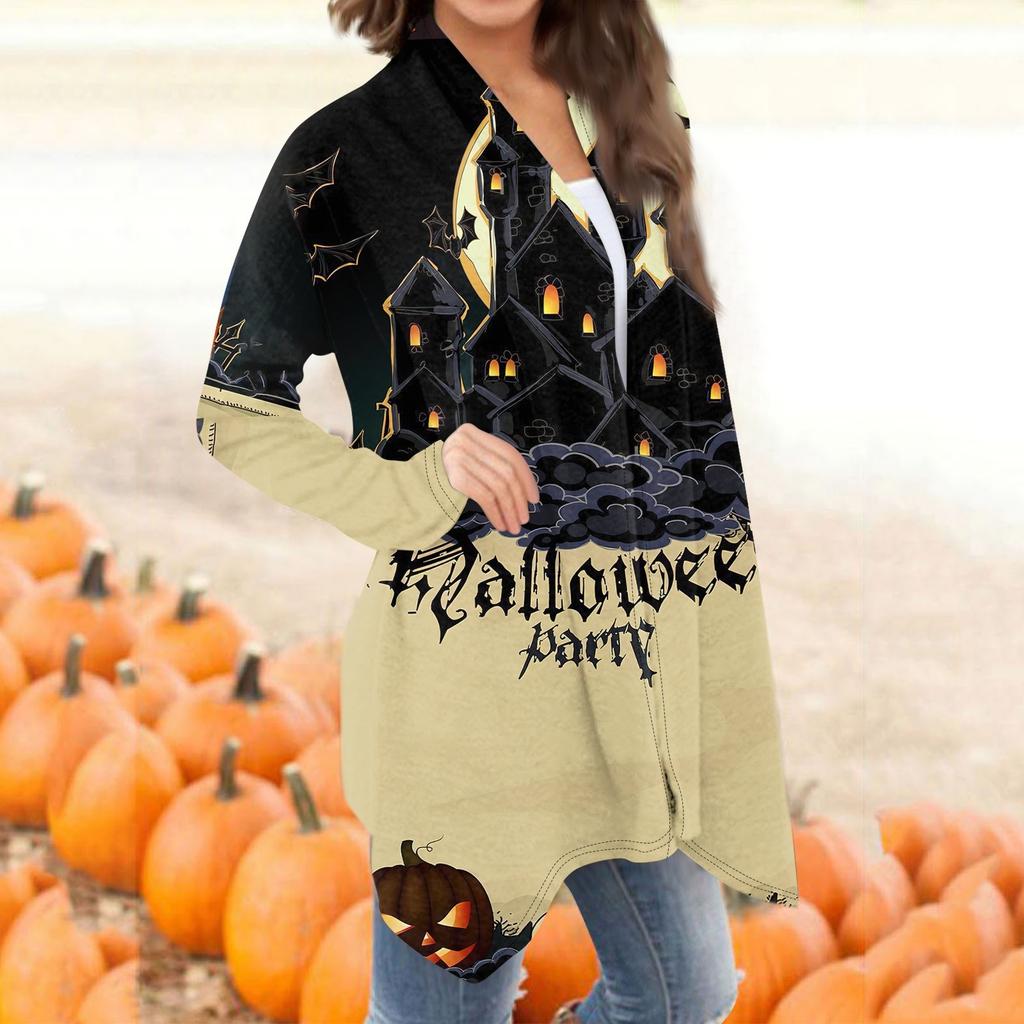 Moda damska Casual Halloweenowy nadruk średniej długości kardiganowy płaszcz