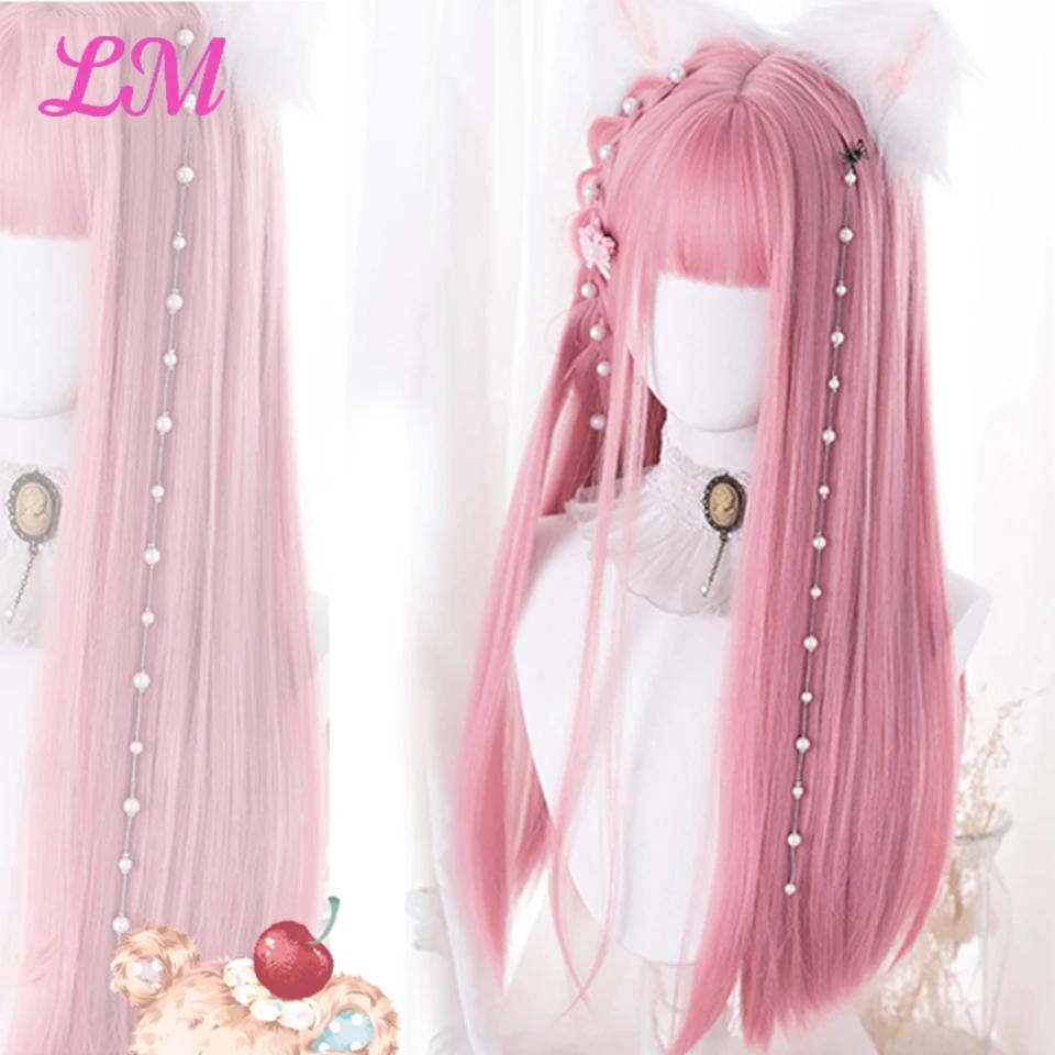 LM Cosplay kahküllü peruk sentetik düz saç 24 inç uzun isıya dayanıklı pembe peruk kadınlar için