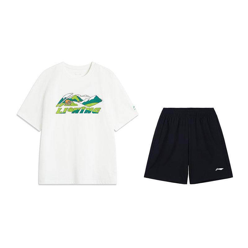 

Li-Ning Fashionable Versatile Breathable Short Sleeve Comfortable Shorts Casual Sports Suit Men suit Standard-White Black V369-1+W685-1 M