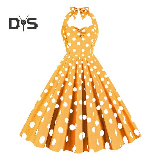 Women Vintage Dress 50s Retro A-line Big Swing Sleeveless Dot Print Contrast Color Elastic Bust Halter Neck High Tight Waist Backless Knee Length