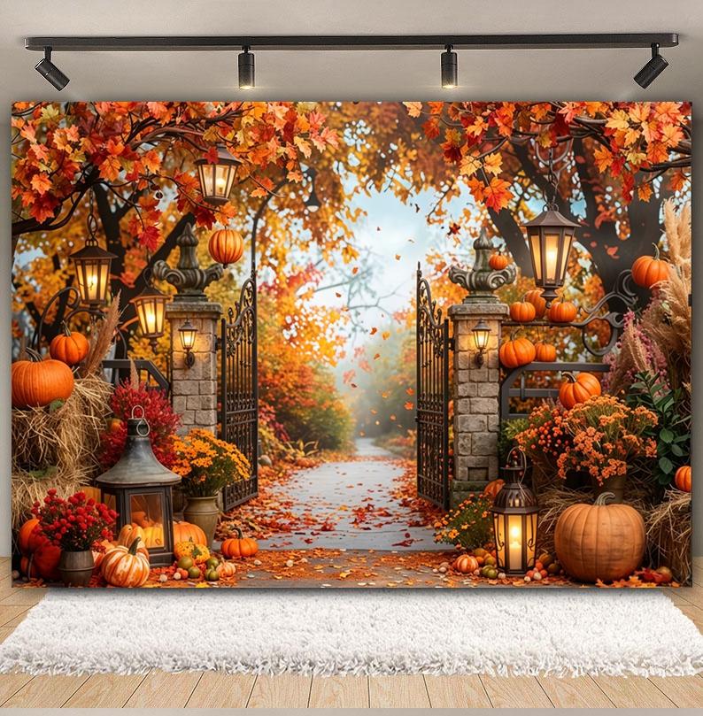 Autumn Forest Photography Background Fall Pumpkin Maple Leaves Street Light Kids Portrait Thanksgiving Backdrop Photo Studio