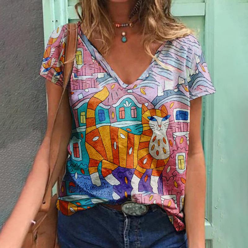 2023 Women T-Shirts Butterfly Y2k Female Tops Clothing Summer 3D Short Sleeve Print Tees Harajuku Kawaii Oversized Loose V Neck T Shirts