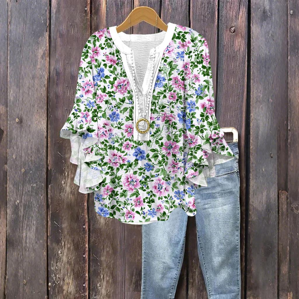 Women's Fashion Button V-Neck Ruffle Seven Sleeve Blouse Floral Printed Top