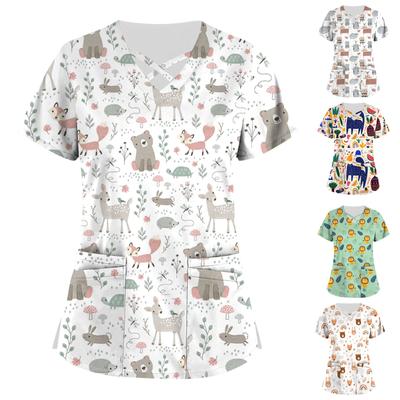 (Qunide) Uniforme de travail imprimé mignon grande taille, hauts pour femmes, col en v croisé, manches courtes, T-Shirts amusants, vêtements de travail, t-shirt avec poches
