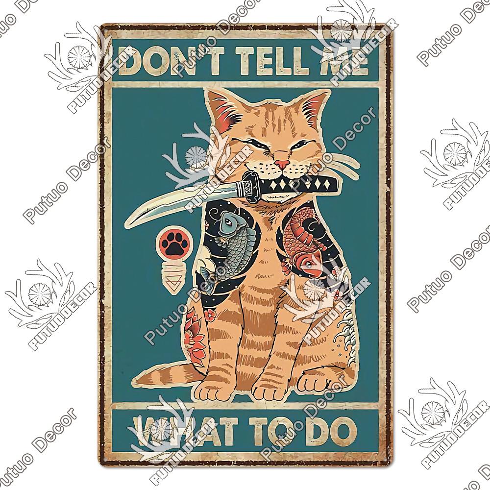 Putuo Decor Black Funny Cat Metal Sign Vintage Plaque Metal Retro Animals Tin Poster for Living Room Home Decoration Wall Decor