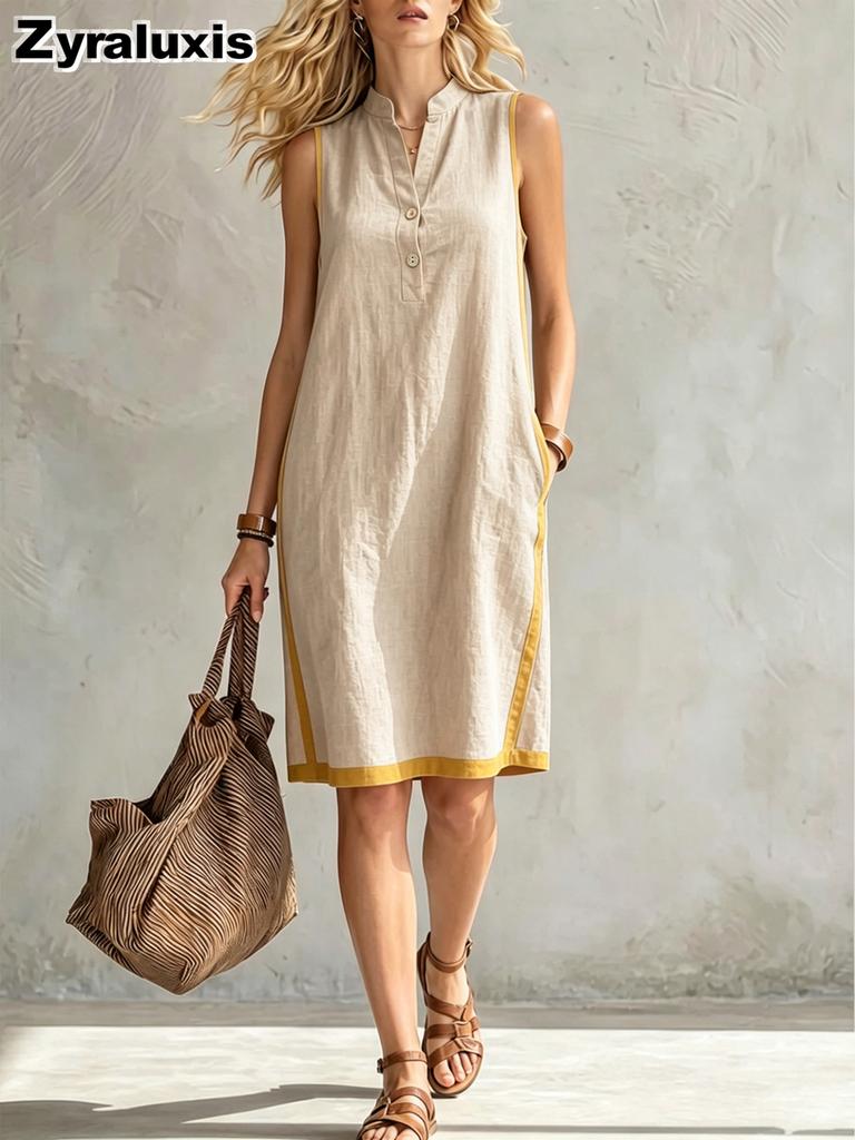 New Women's V-Neck Sleeveless Casual Loose Linen Dress